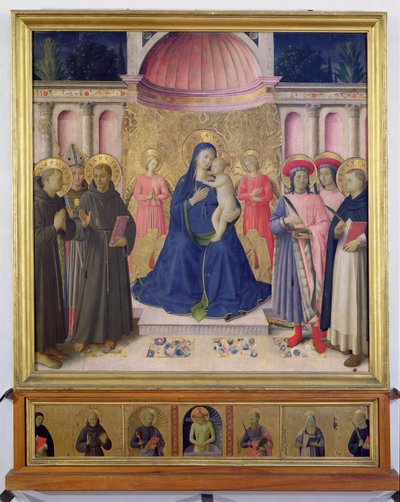 Das Bosco ai Frati Altarbild: Die Jungfrau und das Kind auf dem Thron mit zwei Engeln zwischen den Heiligen Antonius von Padua, Ludwig von Toulouse und Franziskus und den Heiligen Cosmas und Damian und Peter dem Märtyrer, 1452 von Fra Angelico